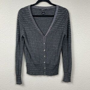 Mango Suit Gray Silver Stripe Sparkle Cardigan Sweater V Neck Sz L